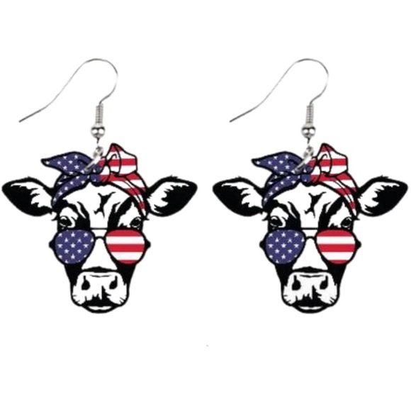 Patriotic Light Wood Cow Earrings - Picture 1 of 7